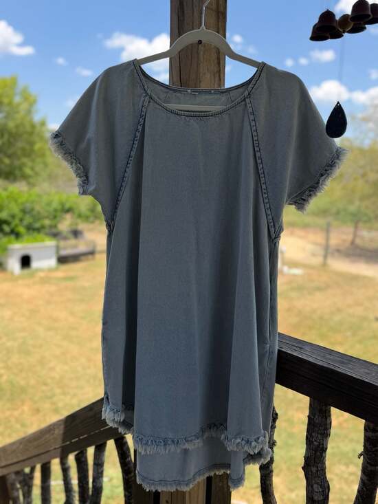 Umgee Dresses & Skirts - Umgee Women's Light Wash Denim High-Low Tunic Dress with Frayed Hem and Pockets